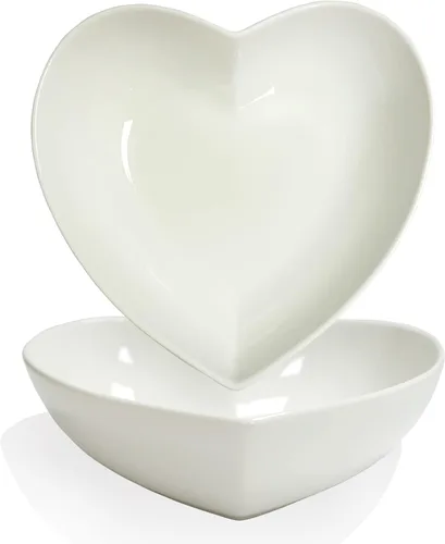 Miniatura 7 de Juego de 2 platos de ensalada profundos en forma de corazón de porcelana, cuencos de corazón de 7 pulgadas para servir postre/aperitivo/fruta, 19