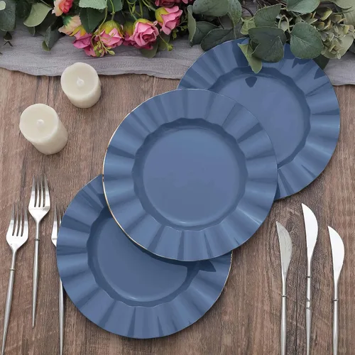 Miniatura 21 de Tableclothsfactory Paquete de 10 platos redondos de plástico negro de 6 pulgadas para ensalada de postre, platos desechables con borde ondulado
