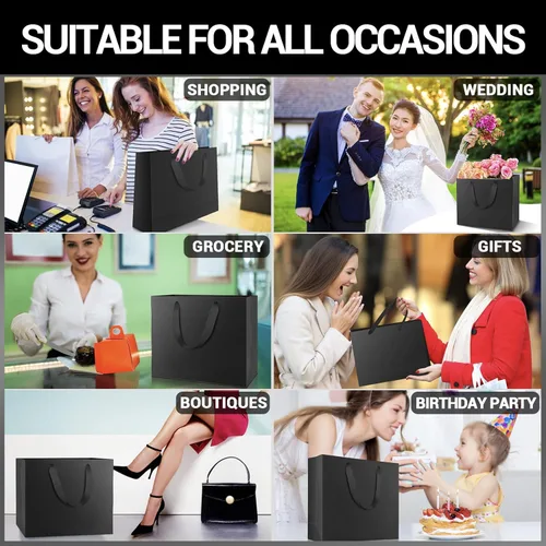 Miniatura 5 de EUSOAR Bolsas grandes de papel de regalo a granel, paquete de 25 bolsas de papel negras resistentes de 12.5 x 4.5 x 11 pulgadas con asas, para Negro