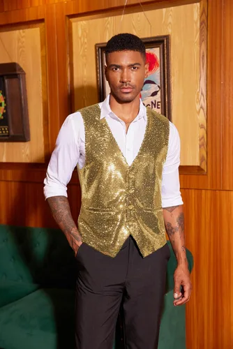Miniatura 4 de COOFANDY Chaleco de lentejuelas para hombre, ajustado, chaleco de fiesta de Navidad, chaleco brillante para bodas, bailes, eventos