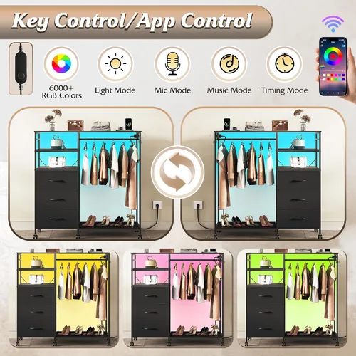 Miniatura 6 de WLIVE Cómoda negra con estante colgante para dormitorio, cómoda de 3 cajones con luces LED y estación de carga, cómoda de tela y cómoda, organizador
