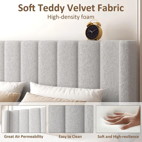 Miniatura 4 de Marco de Cama Queen con Cabecero Tapizado Marco de Cama de Plataforma con Cabecero de Terciopelo Teddy, Soporte de Listones de Madera/Diseño de Gris