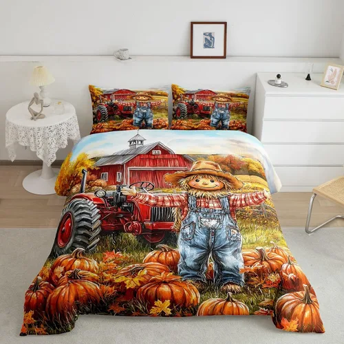 Miniatura 16 de Castle Fairy Juego de edredón de otoño con temática de Acción de Gracias, tamaño individual, juego de ropa de cama de calabaza, girasol, pavo