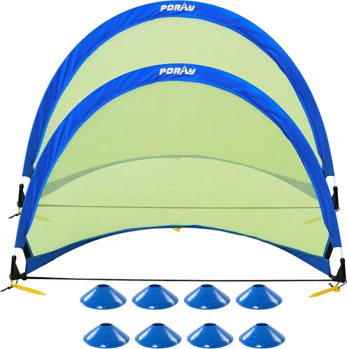 Poray Soccer Goal for Kid Easy-up Set of Two Portable Soccer Net 210D Oxford with 8 Field Marker Cones Extra Stakes Fun for Backyard and Soccer Azul