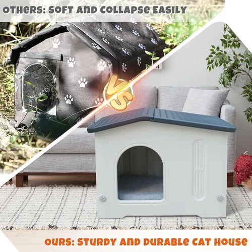 Miniatura 4 de Casa para gatos al aire libre con puerta de escape, casa para gatos con alfombrilla de autocalentamiento, casa para gatos al aire libre, casa grande