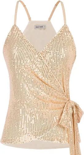 GRACE KARIN Camiseta de lentejuelas para mujer, camiseta sin mangas brillante con cuello en V, sexy, con lazo en la cintura, para fiesta, club,