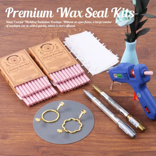 Miniatura 2 de Juego de sellos de cera, 40 varillas de cera de sellado rosa perla con pistola de pegamento, moldes de sellado de cera, alfombrilla de silicona