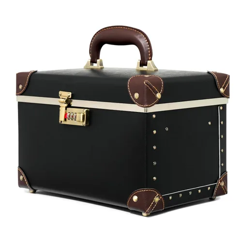 urecity Estuche de maquillaje vintage de piel artificial, organizador profesional de cosméticos con cerradura de combinación de metal, caja de