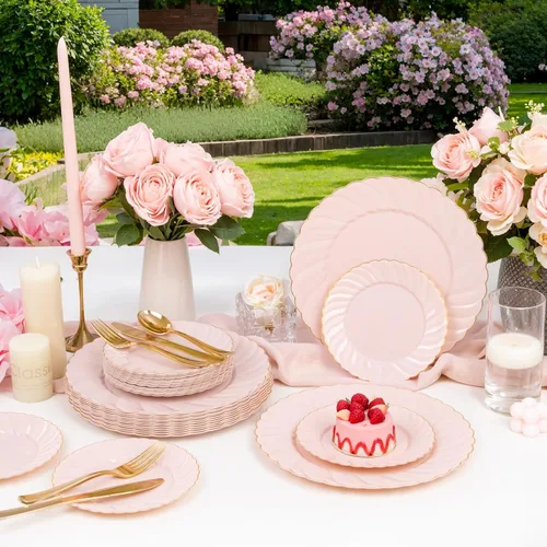 Miniatura 9 de YOUBET 125 platos de plástico rosa con borde dorado, juego de platos de plástico festoneados que incluye 25 cenas, 25 platos de postre, 75 cubiertos