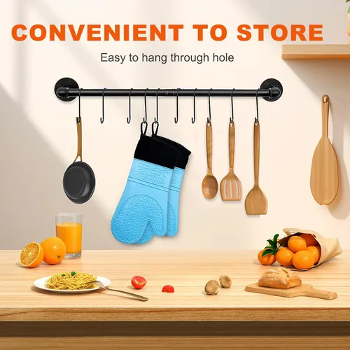 Miniatura 7 de Guantes de horno de silicona resistentes al calor, impermeables, mango flexible, lavable para comida caliente, color azul, extra largo