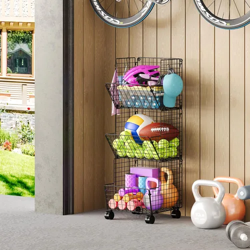 Miniatura 3 de Sonyabecca Cesta de Almacenamiento de Juguetes para Exteriores, Organizador de Cocina de Juego con 5 Ganchos en S, Carrito de Almacenamiento Rodante