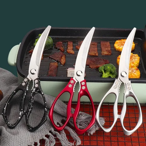 Miniatura 9 de Jasni Tijeras de cocina potentes con patrón de pescado, profesionales, resistentes, multiusos, bonitos, color arcoíris, revestimiento de titanio