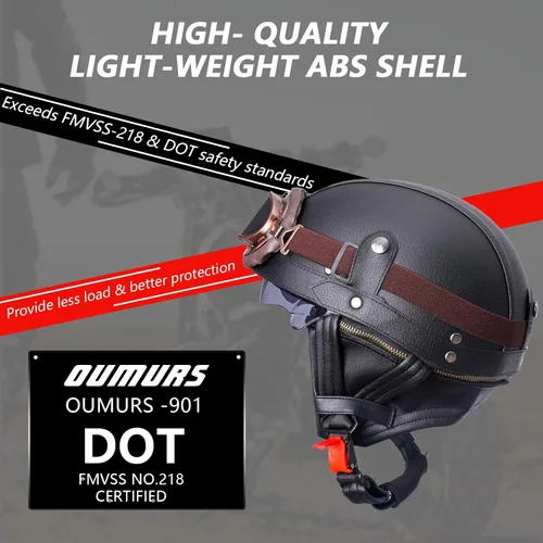 Miniatura 5 de Casco de motocicleta de cuero de estilo alemán, aprobado por DOT, casco vintage de media cara con gafas y visera oculta, media carcasa