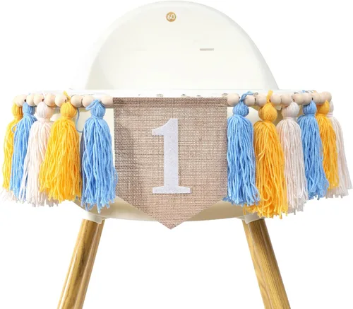 Miniatura 6 de Cartel de primer cumpleaños, tema de borla rosa para niña, decoración de fiesta de primer cumpleaños, telón de fondo de fotos, para colgar en la Azul