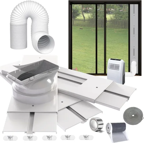 Kit de Ventilación de AC para Puerta Corredera de 95" con Manguera Extensible de Φ 5.1" con Cerradura de Seguridad y Burletes Contra la Intemperie