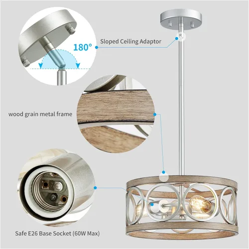 Miniatura 4 de XINGQI Lámpara de techo moderna de altura ajustable, lámpara colgante de níquel cepillado, grano de madera de metal de 13 pulgadas, luces redondas