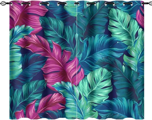Miniatura 27 de Cortinas abstractas de hojas tropicales, acuarela tropical, hojas de palma, verano hawaiano, plátano, aislamiento térmico, cortinas completas