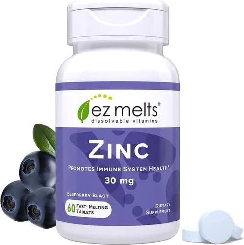 Vitaminas solubles EZ Melts Zinc, 30 mg, cero azúcar, sabor natural a arándanos, libre de GMO, pastillas de disolución rápida, salud ósea e