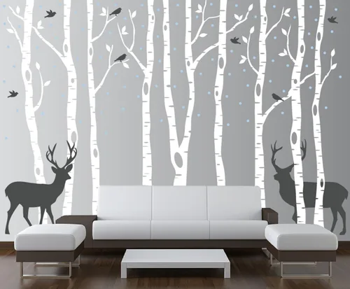 Miniatura 7 de Innovative Stencils Calcomanía de vinilo de abedul para pared, bosque con pájaros de nieve y ciervos, extraíble (9 árboles) #1161