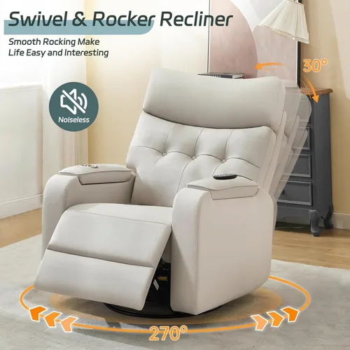 Miniatura 6 de Sillón reclinable giratorio con masaje de calor, sillas reclinables de cuero de gran tamaño, con puerto tipo C, brazos de almacenamiento dobles