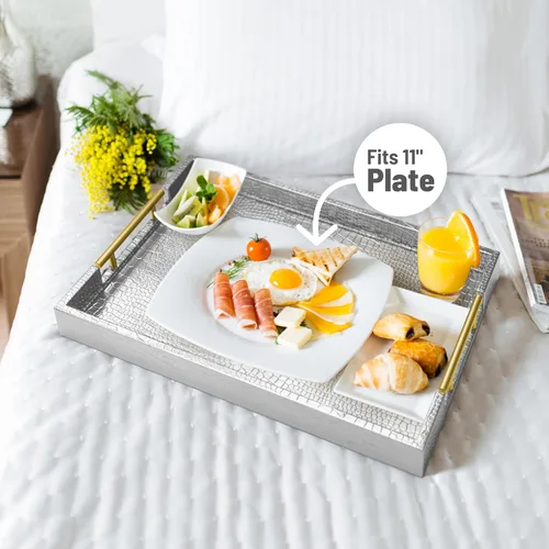 Miniatura 4 de ATZYmolin - Bandeja de servicio de madera de 17" x 12" con asas de metal dorado pulido, bandeja decorativa rectangular de madera para el hogar