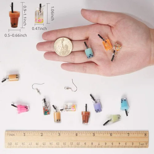 Miniatura 7 de SUNNYCLUE 1 caja DIY 12 pares de aretes Boba Kit de fabricación de aretes de té con leche y perlas, dijes de té con leche, dijes de Boba Mini Té