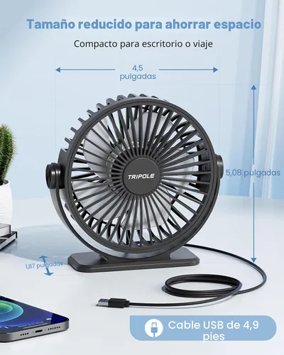 Miniatura 3 de TriPole Ventilador de escritorio con USB, ventilador pequeño portátil de 3 velocidades con brisa fuerte ajustable, mini ventiladores personales