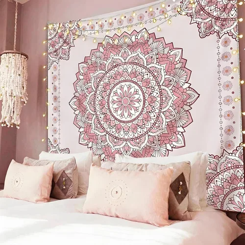 Atrippy Tapiz de pared bohemio con mandala rosa para dormitorio, tapiz estético blanco y rosa, decoración de habitación para adolescentes y niñas,