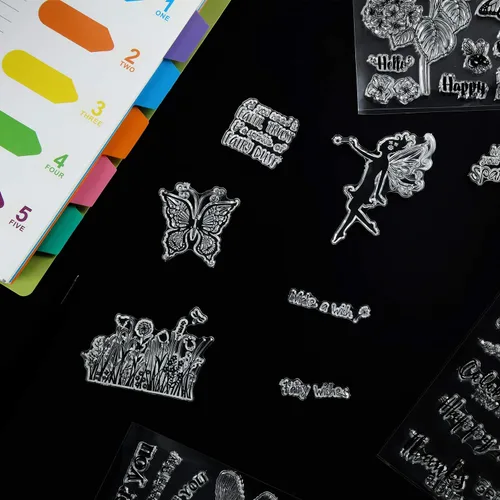 Miniatura 4 de Outus 4 hojas de sellos transparentes de silicona para primavera y verano con palabras de felicitación, patrón de flores, mariposas, libélula