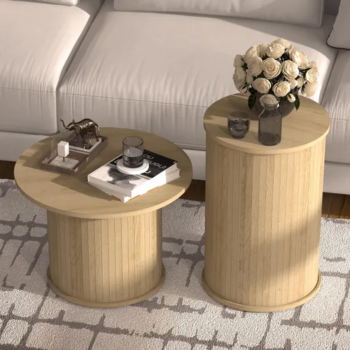 Miniatura 3 de Juego de 2 mesas de centro redondas de madera para sala de estar, mesas de centro anidadas circulares acanaladas para apartamentos, espacios Roble