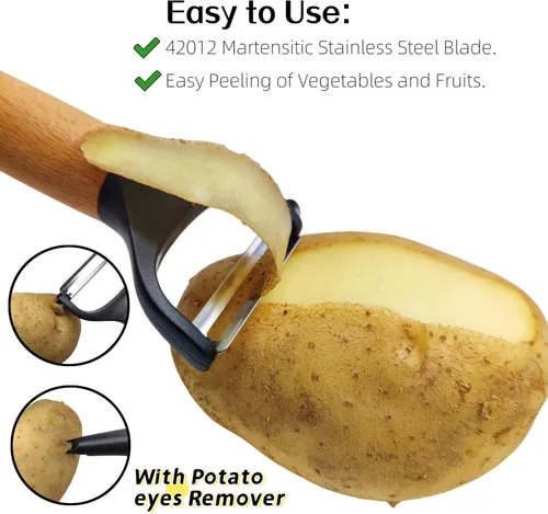 Miniatura 3 de Trez Treamer Paquete de 4 peladores de verduras para cocina, juego de pelador de papas de madera para manzana, pepino, zanahoria, frutas, papas