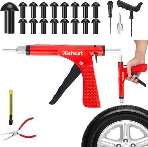 Kit de reparación de pinchazos de neumáticos sin cámara Richcat con tapón de seta, repara pinchazos y neumáticos pinchados para motocicletas, autos,