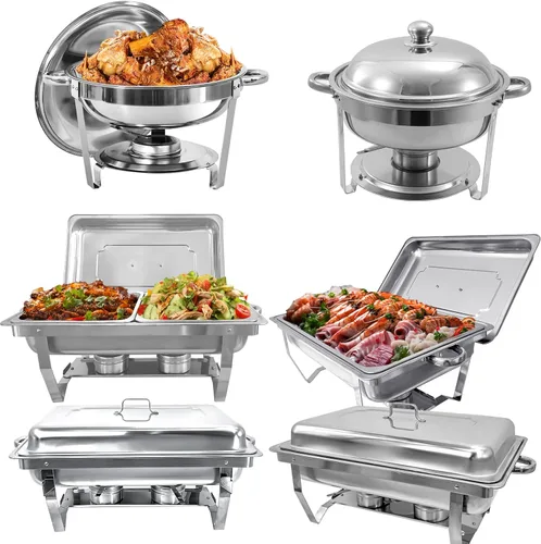Miniatura 12 de Juego de 5 platos de roce para bufé, juego de 8 cuartos de galón de platos de roce dorados para bufé con bandeja de alimentos de tamaño completo