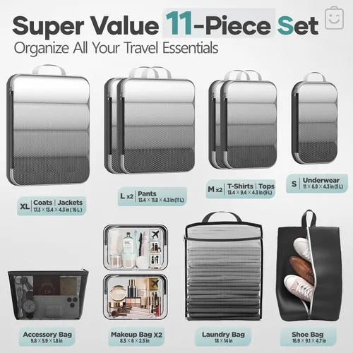 Miniatura 2 de Veken Juego de 11 cubos de compresión para artículos esenciales de viaje, bolsas organizadoras compresibles expandibles grandes para ropa, bolsas