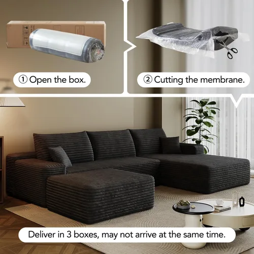 Miniatura 3 de Sofá modular sin hueso de 107.7 pulgadas, moderno sofá tapizado de pana en forma de U para sala de estar, asiento profundo con diván y otomana Negro