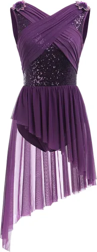 AFAVOM Disfraz de baile lírico para mujer, vestido de lentejuelas con flores, falda asimétrica de tul fluida, disfraces de danza contemporánea