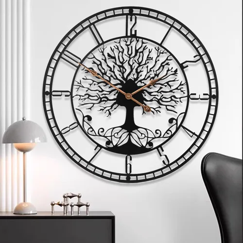 Miniatura 10 de Dankeit Reloj de pared con diseño de árbol de la vida, reloj de pared de metal negro de 24 pulgadas con árbol familiar de gran tamaño para sala