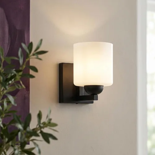 Miniatura 5 de mirrea Lámpara de tocador negra de 1 luz para espejo, aplique de pared de baño con pantallas de vidrio blanco esmerilado