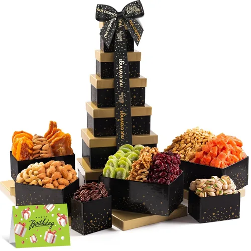 Miniatura 23 de NUT CRAVINGS - Cesta de regalo de frutas secas y nueces mixtas, torre roja + cinta de corazón (12 surtidos), arreglo de alimentos, paquete
