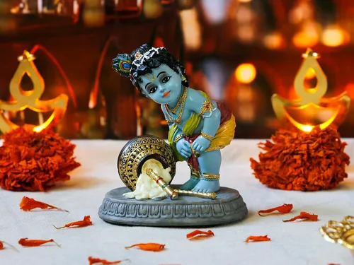 Miniatura 2 de Estatua de ídolo hindú de Krishna – 3.7 pulgadas de alto pequeño ladrón de mantequilla Makhan para decoración de tablero de automóvil, regalo