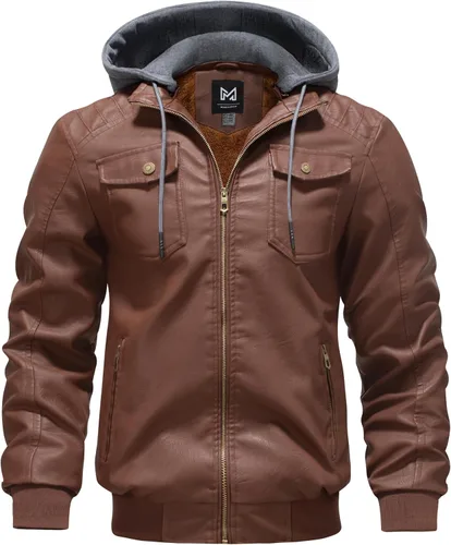 Miniatura 8 de GGleaf Chaqueta de cuero sintético para hombre, impermeable, estilo bomber motera vintage, de PU, estilo moto biker