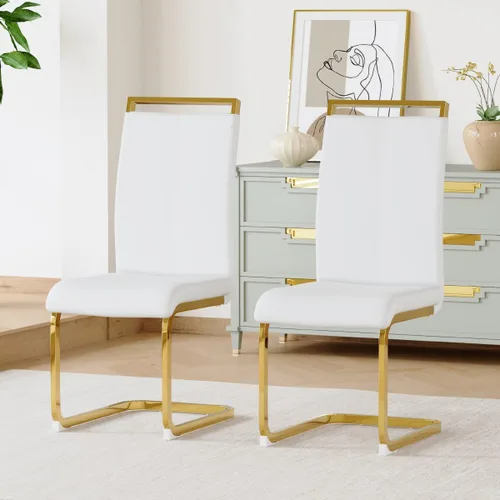 Miniatura 17 de gopop Juego de sillas de comedor, sillas modernas de metal con asiento acolchado de piel sintética, respaldo alto y patas cromadas resistentes, claro