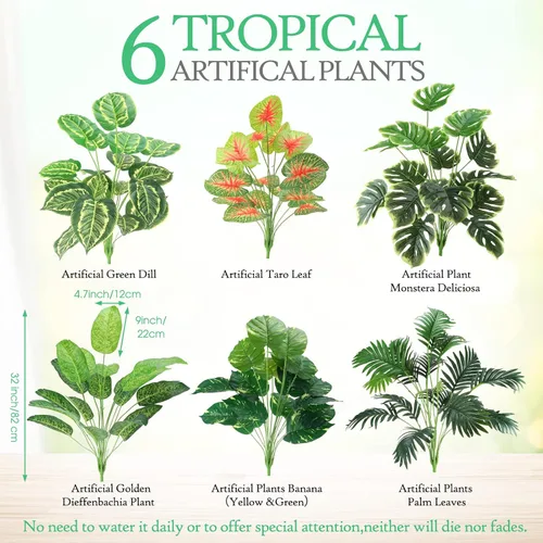 Miniatura 3 de Yunlly 6 piezas de plantas tropicales artificiales de 32 pulgadas, hojas de palmera falsas, plátano, Monstera, hojas de tortuga, palmera perenne