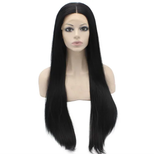 Miniatura 2 de Mxangel - Peluca de cabello sintético largo y lacio con encaje frontal, color negro, natural atado a mano, resistente al calor