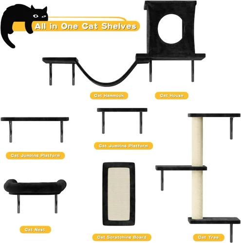 Miniatura 7 de NUNU LAB Estantes de muro para gatos, juego de 6 piezas de lujo montado en la pared, muebles para gatos interiores con 1 casa tipo condominio, 2