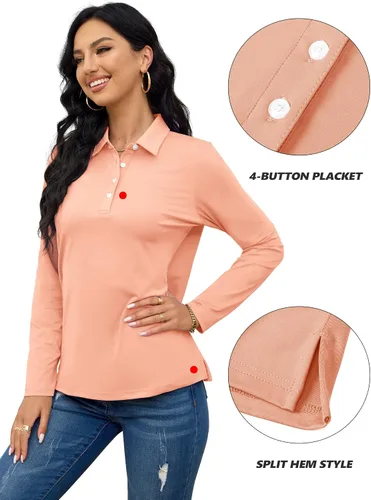 Miniatura 5 de TACVASEN Polo de golf para mujer, camiseta de manga larga, UPF 50+, secado rápido, 4 botones, rendimiento de tenis, ejercicio