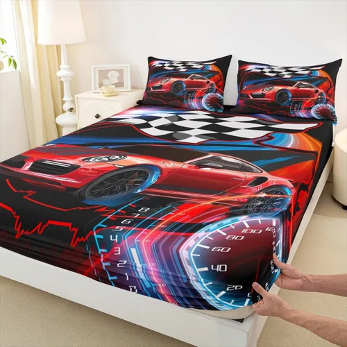 Juego de sábanas bajeras para niños de Red Race Car tamaño individual, juego de ropa de cama con bandera de carreras de deportes extremos,