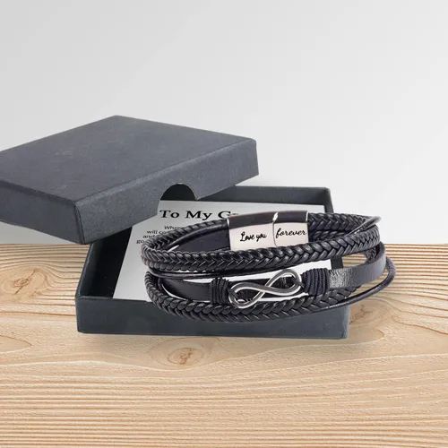 Miniatura 7 de Pulsera de cuero trenzado con texto en inglés «Love You Forever» para hombres y niños, pulsera inspiradora de acero inoxidable, pulsera de cuero