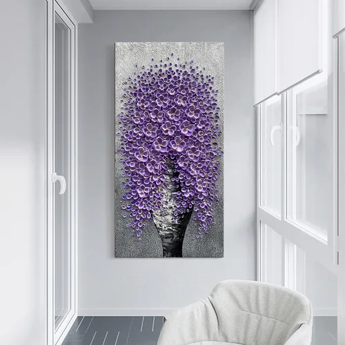 Miniatura 5 de Epicler - Pintura al óleo de flores moradas grandes pintadas a mano, contemporánea, abstracta, decoración del hogar, pintura de arte decorativo
