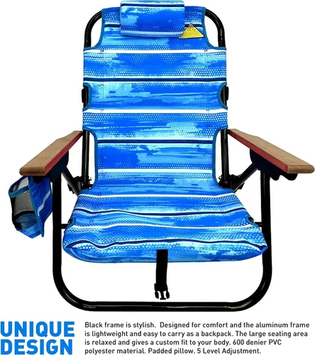 Miniatura 3 de EasyGo Product Mochila para silla de playa, 5 posiciones y bolsa para portavasos en el lateral, bolsa de almacenamiento de almohada acolchada